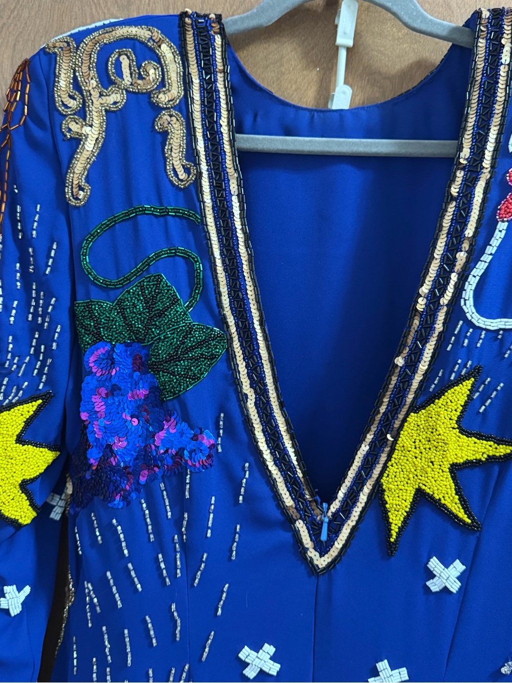 Vintage Ornate Pop Art Embellished Royal Blue Dress w/Beaded Appliqués - Picture 5 of 16